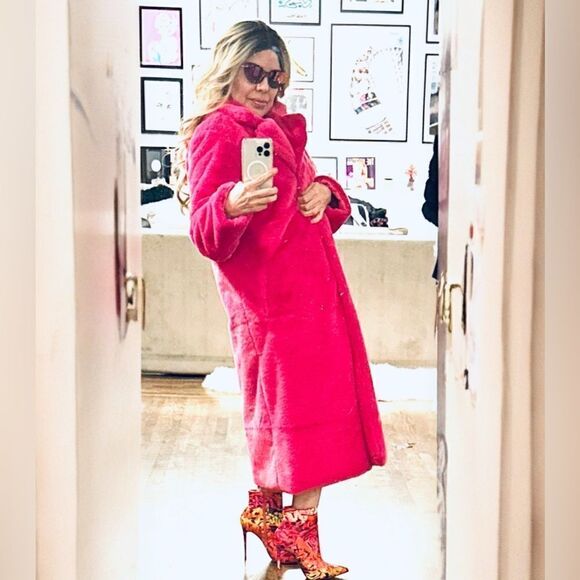 NWT Lala Parker PINK SAPPHIRE FAUX FUR TRENCH XL - Picture 2 of 10